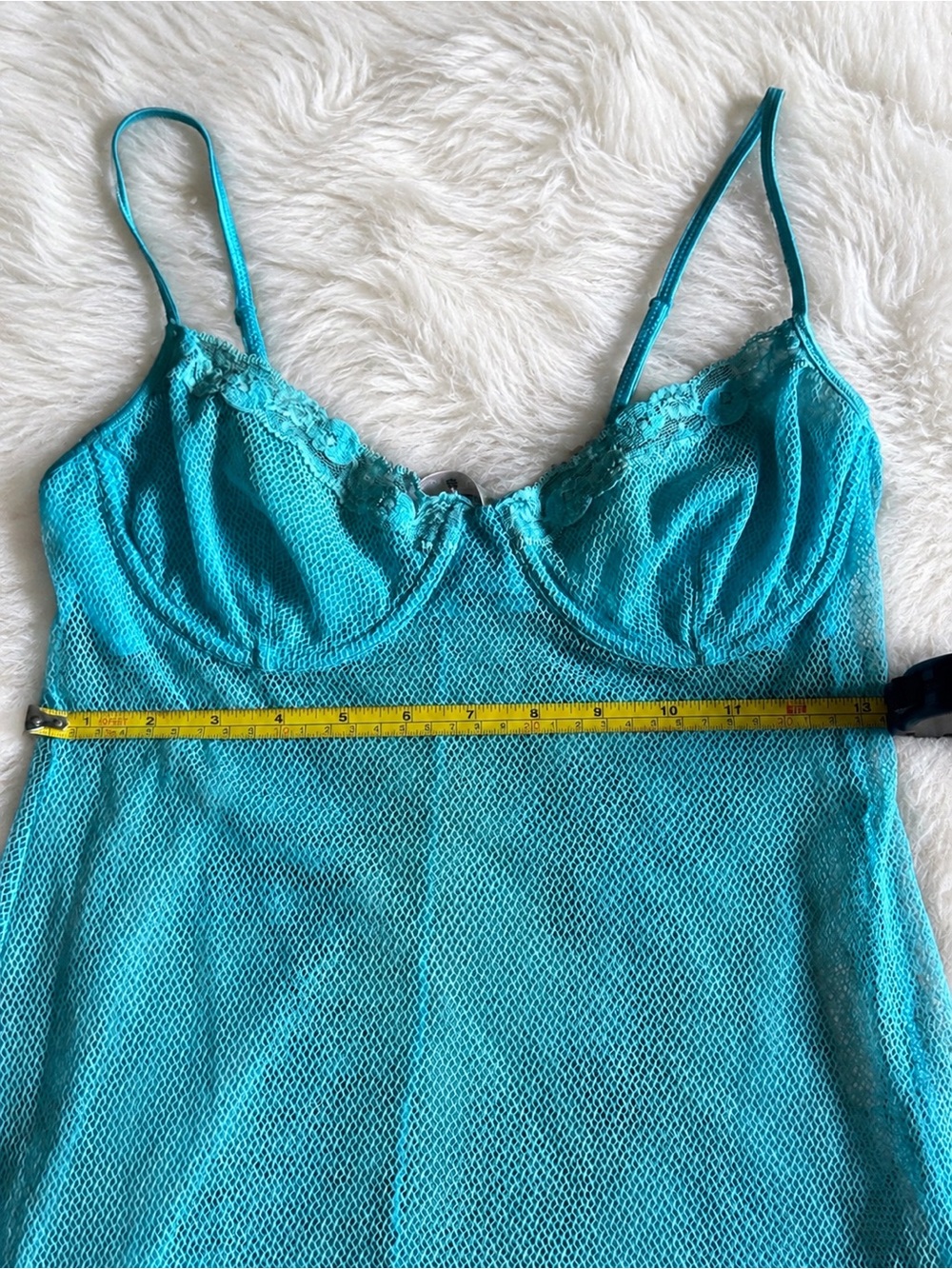 VTG Victoria’s Secret Aqua Blue Fishnet Underwire Babydoll Slip Dress 36C - Picture 9 of 11